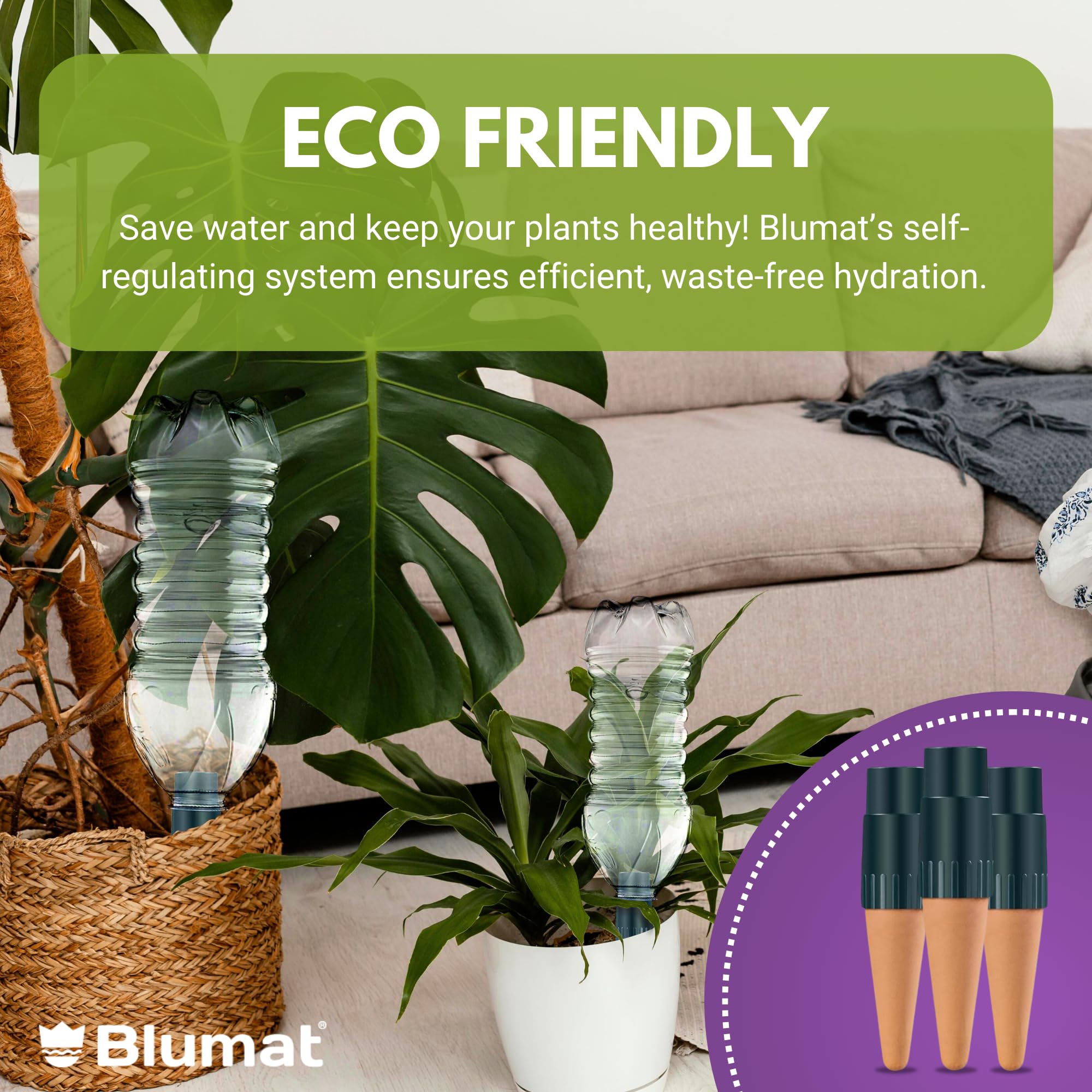 Blumat self-watering ceramic spikes regulate soil moisture for healthy roots