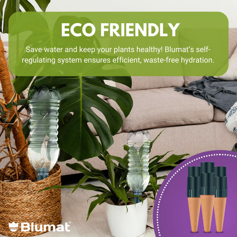 Blumat self-watering ceramic spikes regulate soil moisture for healthy roots