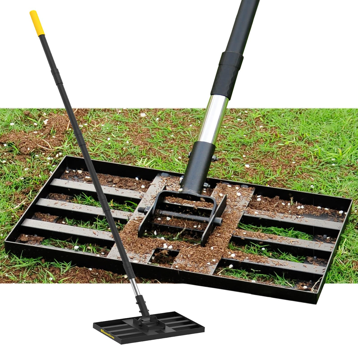 BlumeTrec lawn leveling rake assembled with long handle for easy yard leveling.