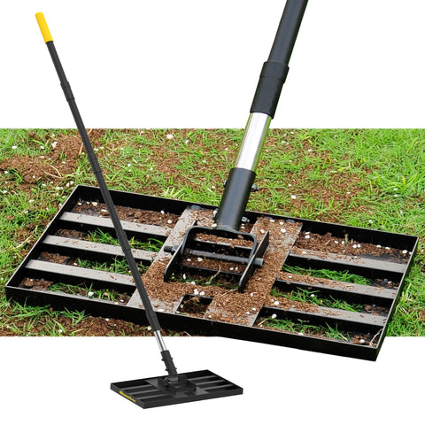 BlumeTrec lawn leveling rake assembled with long handle for easy yard leveling.