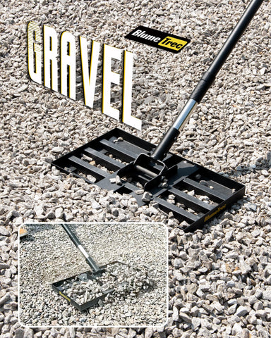 BlumeTrec lawn leveling rake in use on a lawn smoothing soil and topdressing.