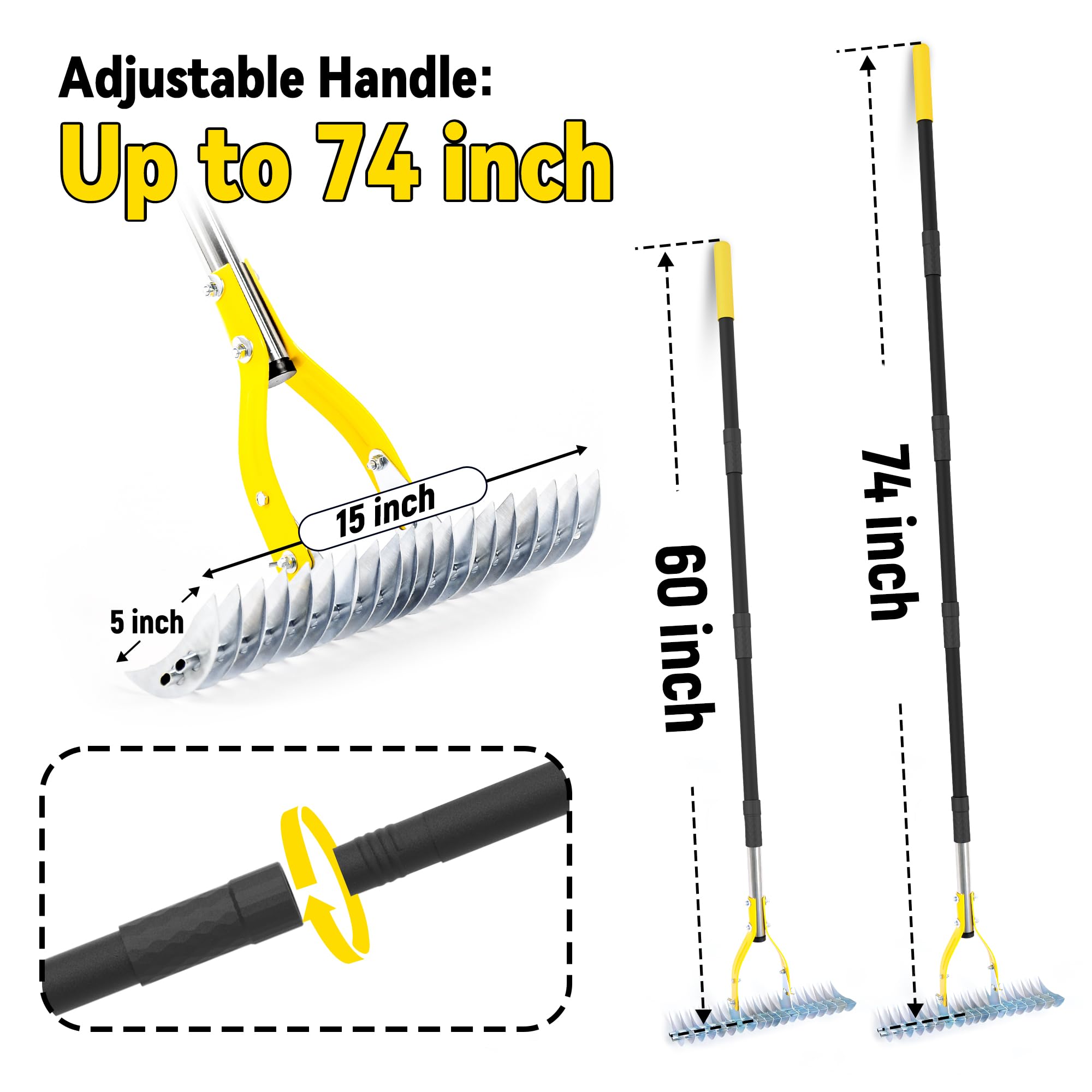BlumeTrec Thatch Rake 15-inch head and 19 curved tines for thorough debris removal