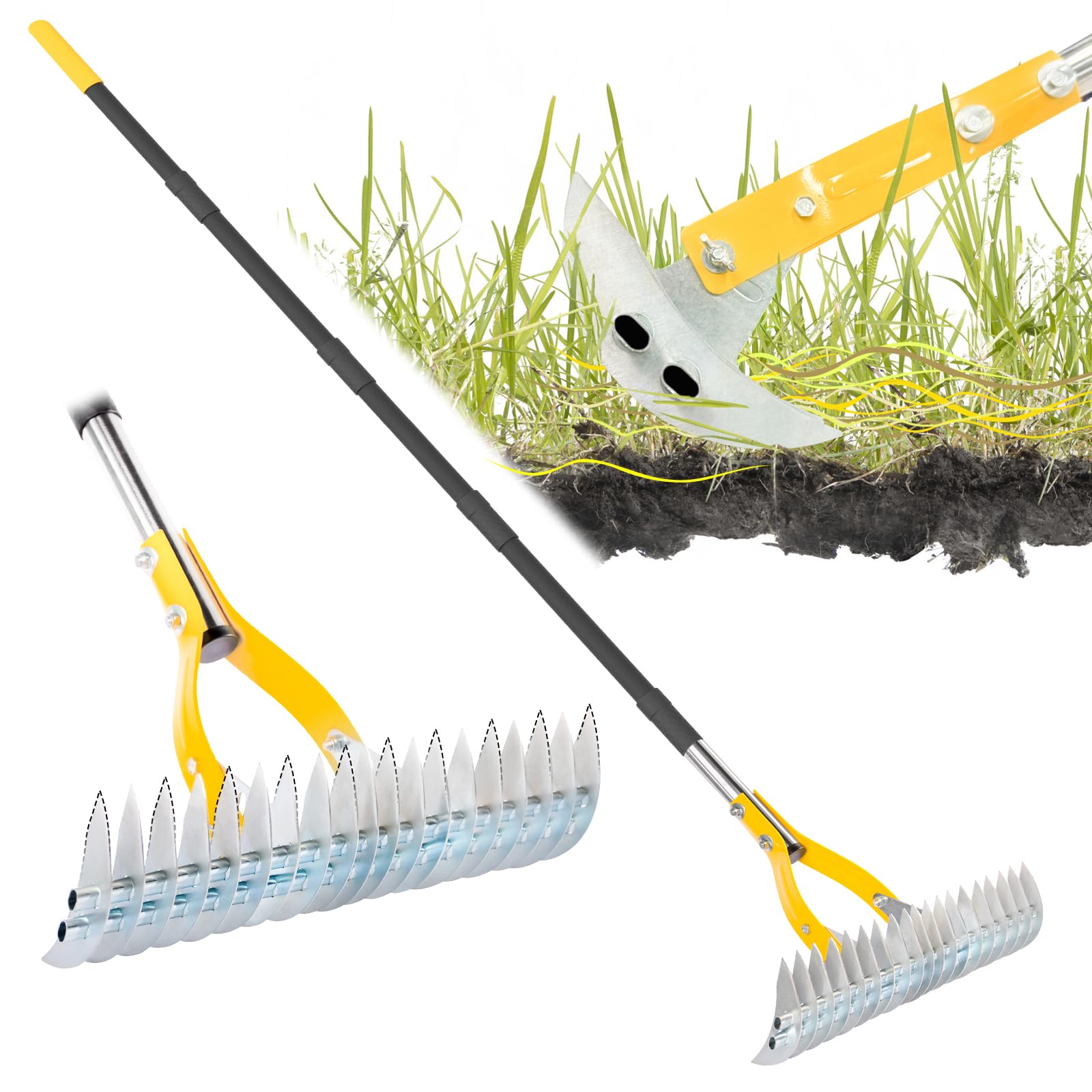 BlumeTrec Thatch Rake with 74-inch handle for easy lawn dethatching