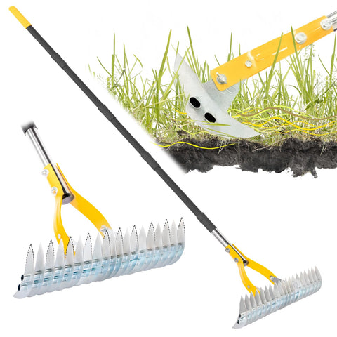 BlumeTrec Thatch Rake with 74-inch handle for easy lawn dethatching