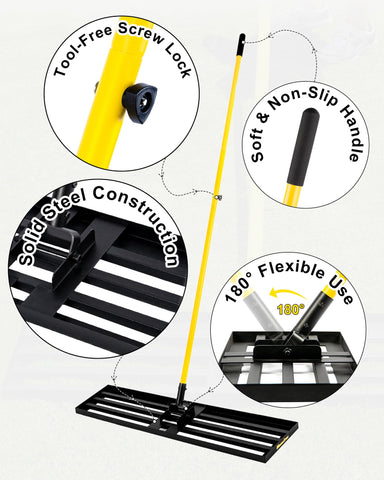 BlumeTrec topsoil and sand leveling tool spreads materials evenly across areas.