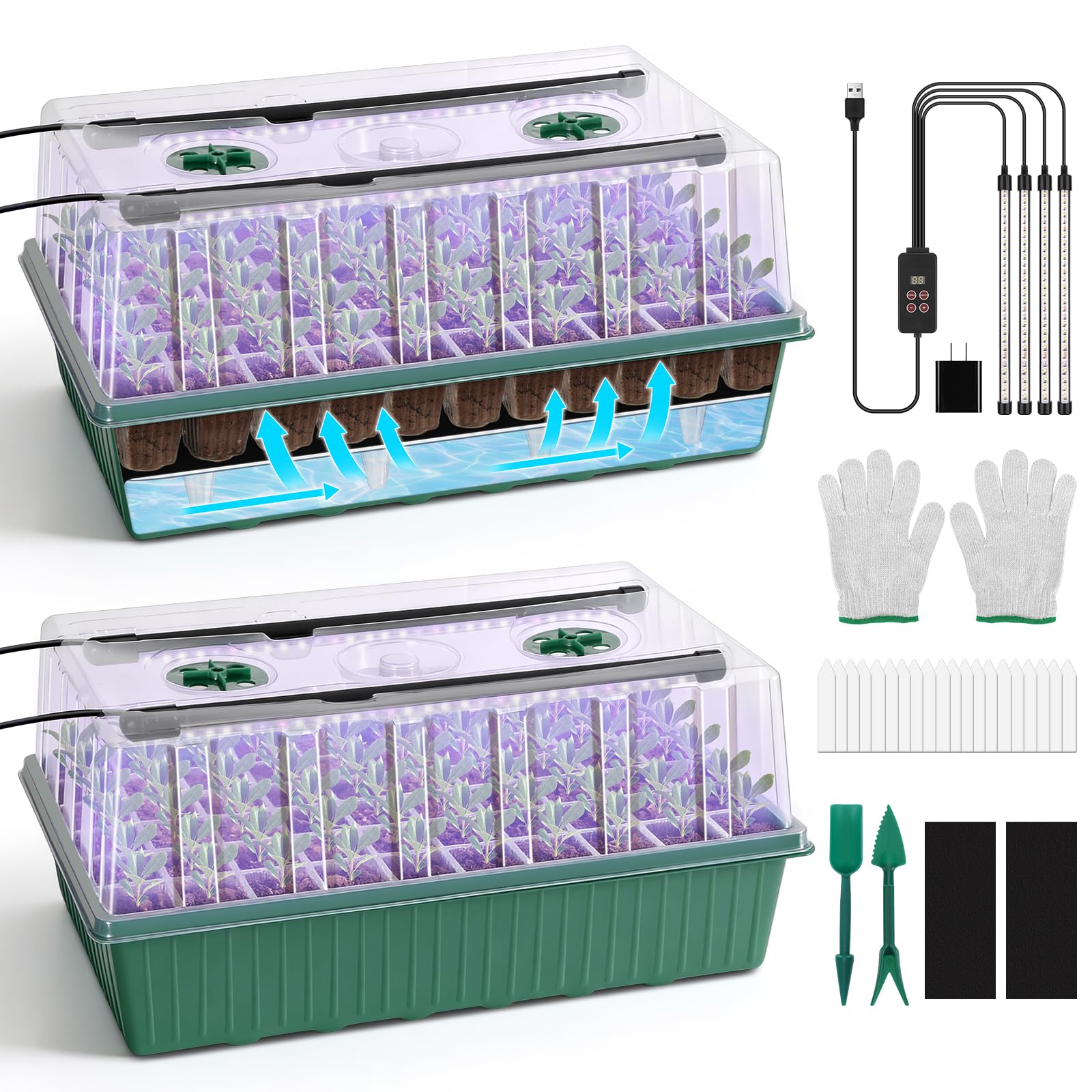 BlumWay 120-cell self-watering tray shown with even moisture for seedlings.