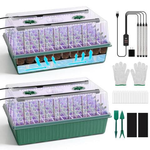 BlumWay 120-cell self-watering tray shown with even moisture for seedlings.