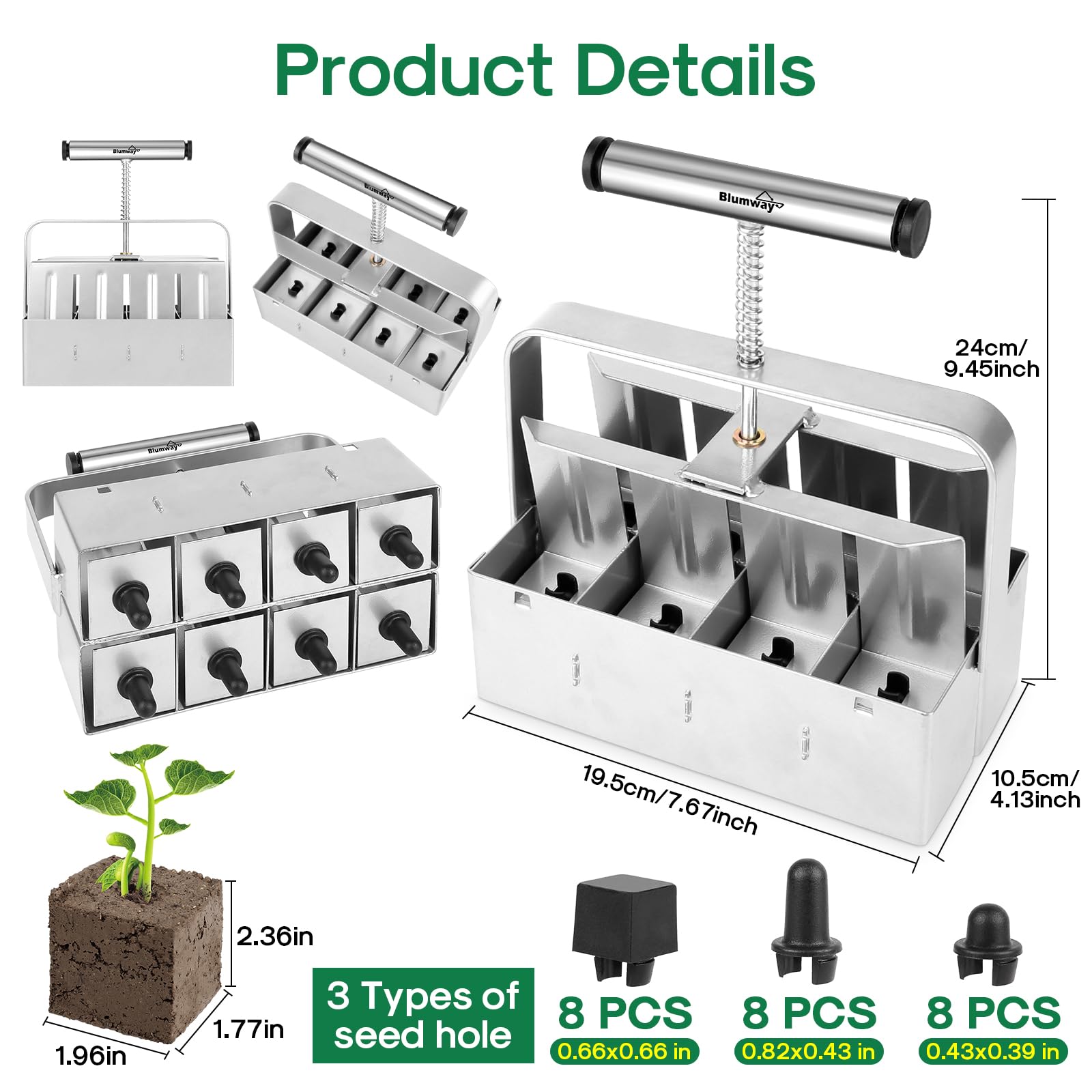 BlumWay seed pins set includes square, short, and long cylinders.