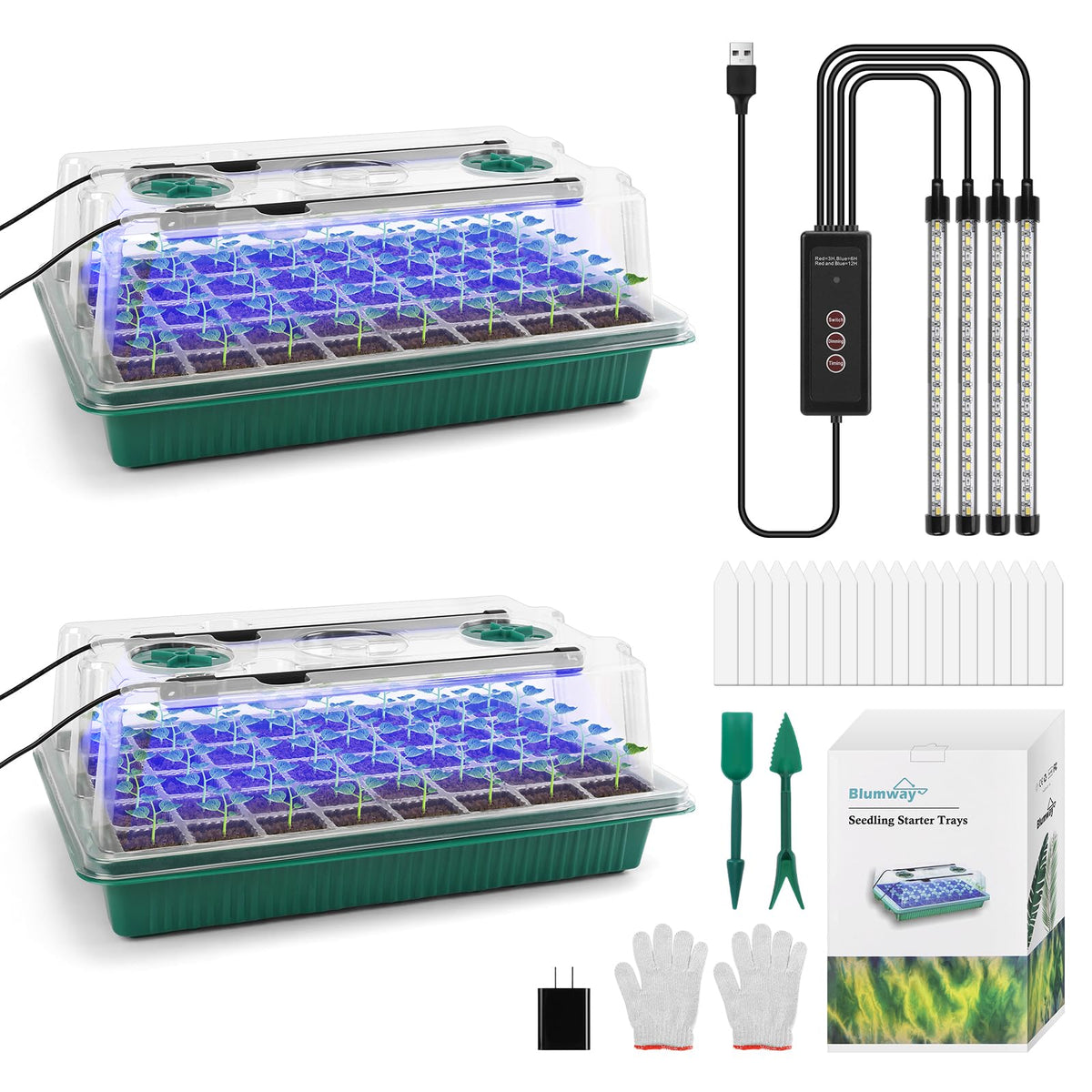BlumWay seed starter tray with grow light showing 360-degree spectrum for healthy seedlings