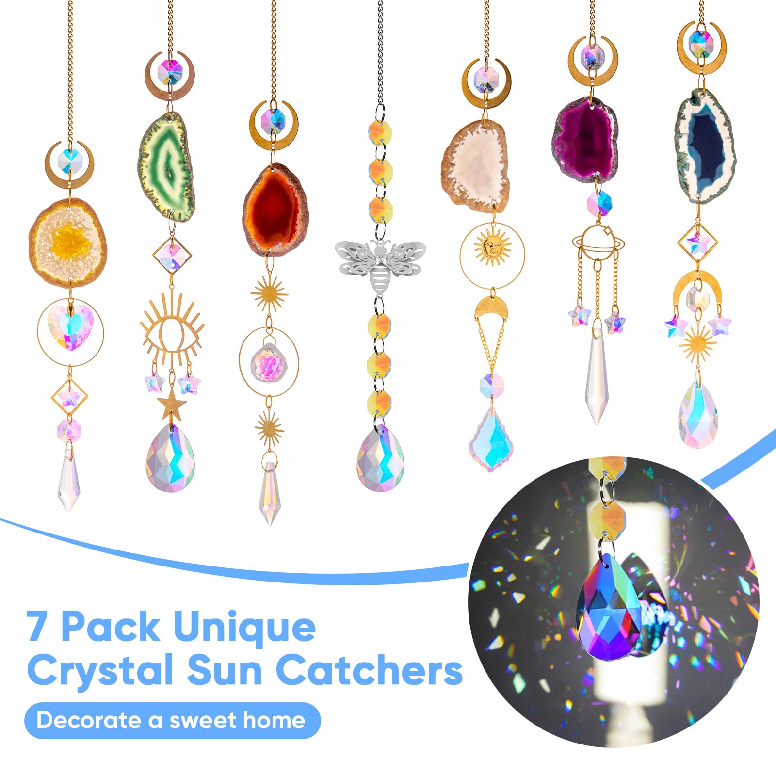 BlumWay sun-moon-star crystal suncatchers add vibrant light accents to indoor spaces.