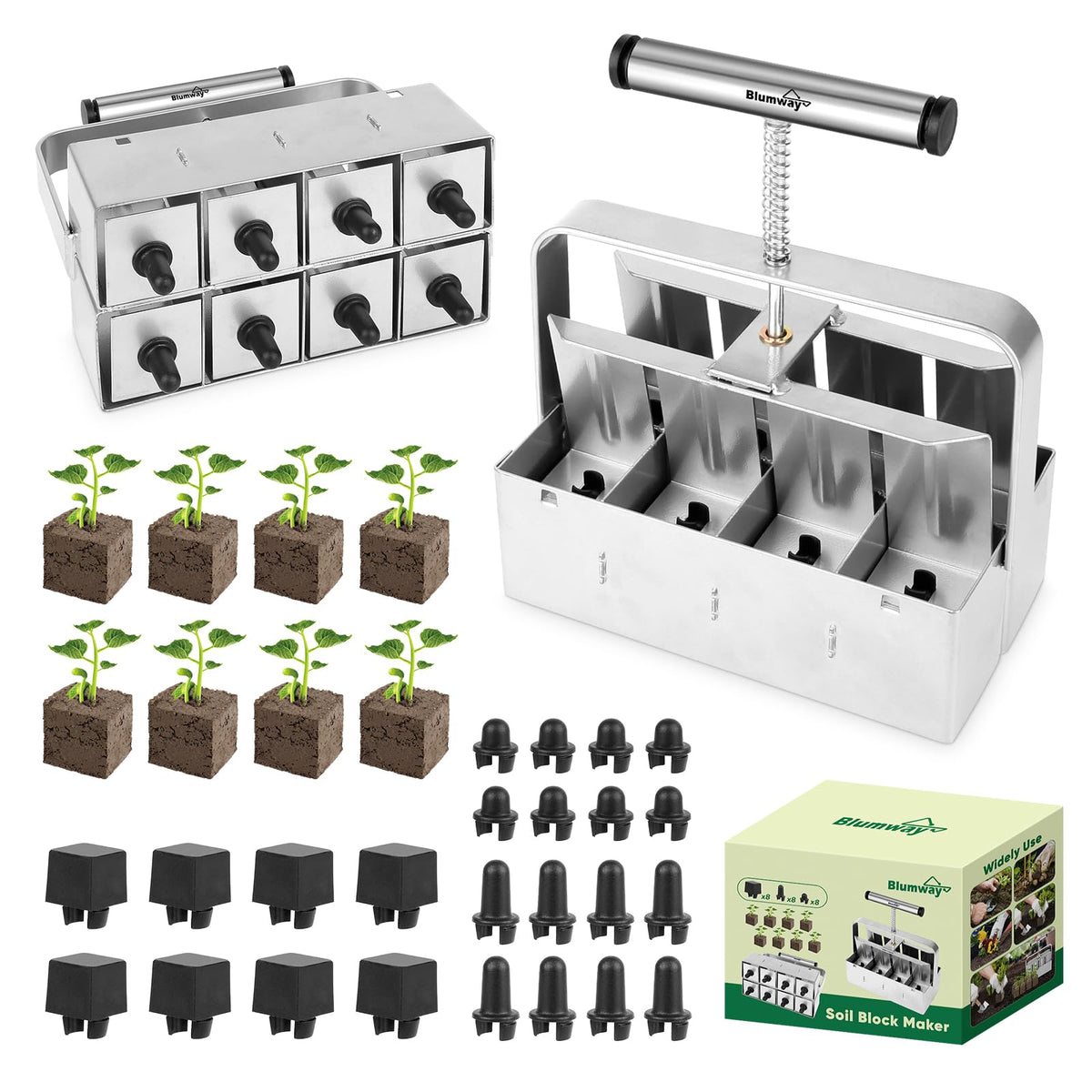 BlumWay Upgraded Soil Blocker 8-cell front view for efficient seed block creation.