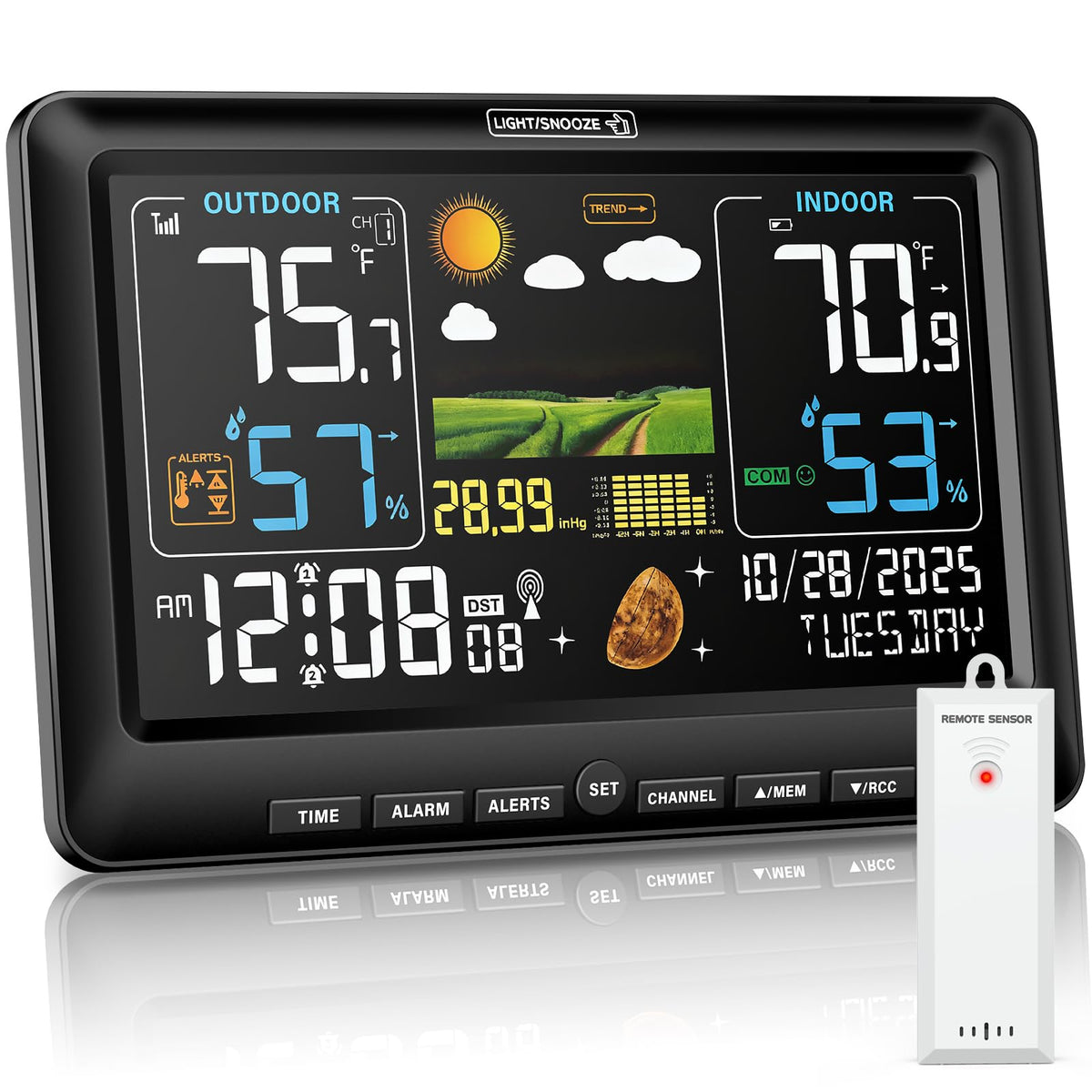 BluSon Weather Station displaying indoor and outdoor data on a 7.5-inch color screen