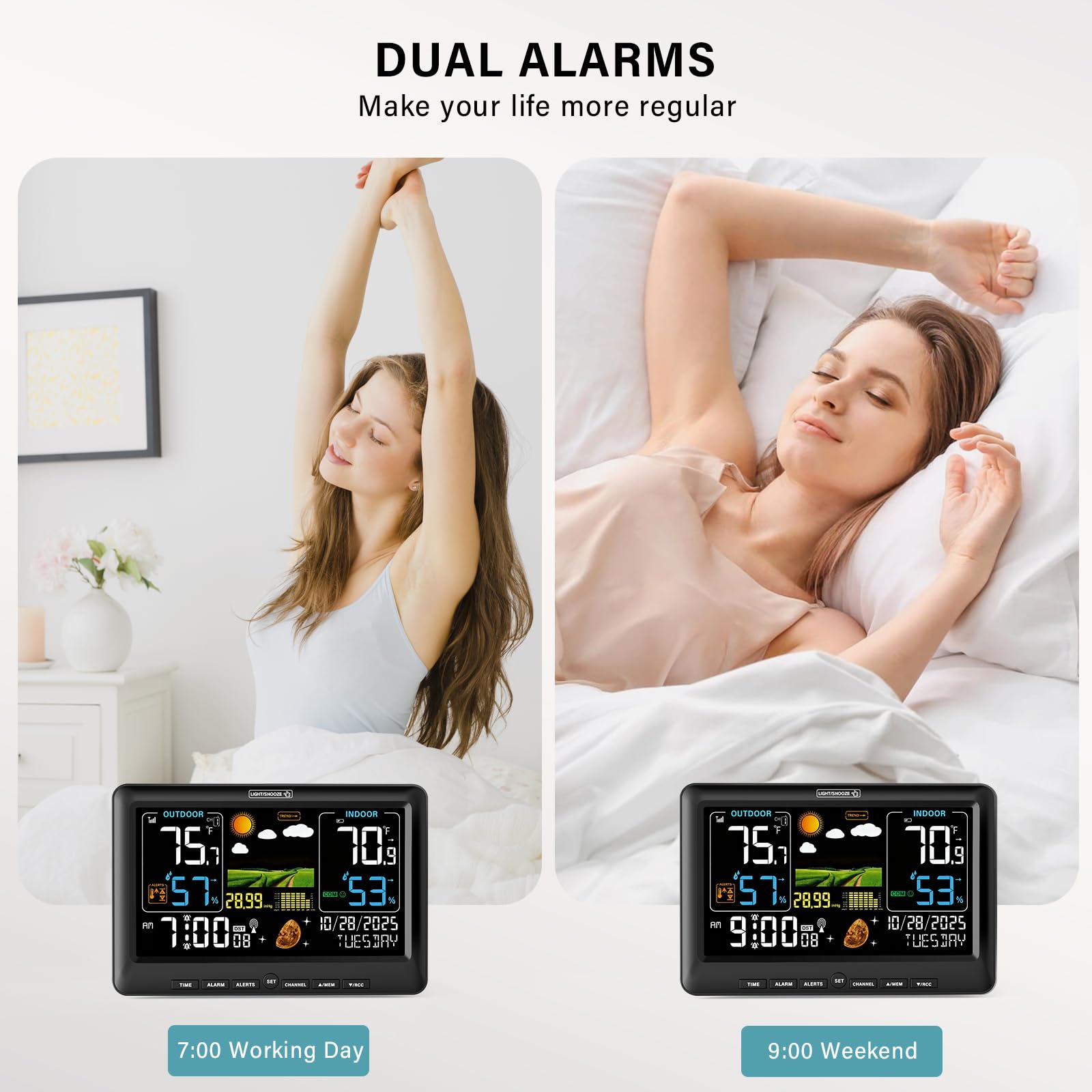 Dual alarms with snooze on BluSon Weather Station for easy mornings