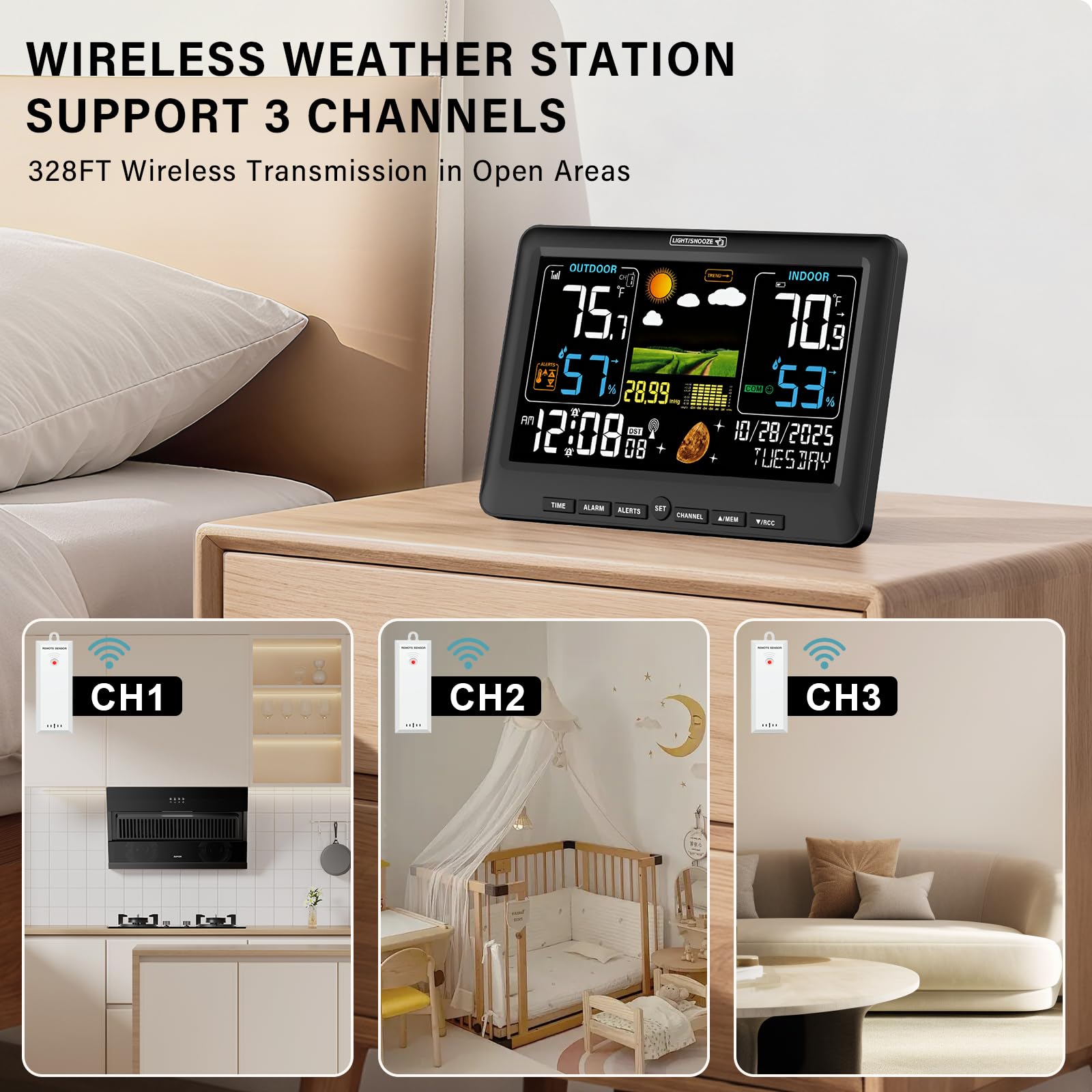 BluSon Weather Station shows atmospheric pressure and moon phases for context