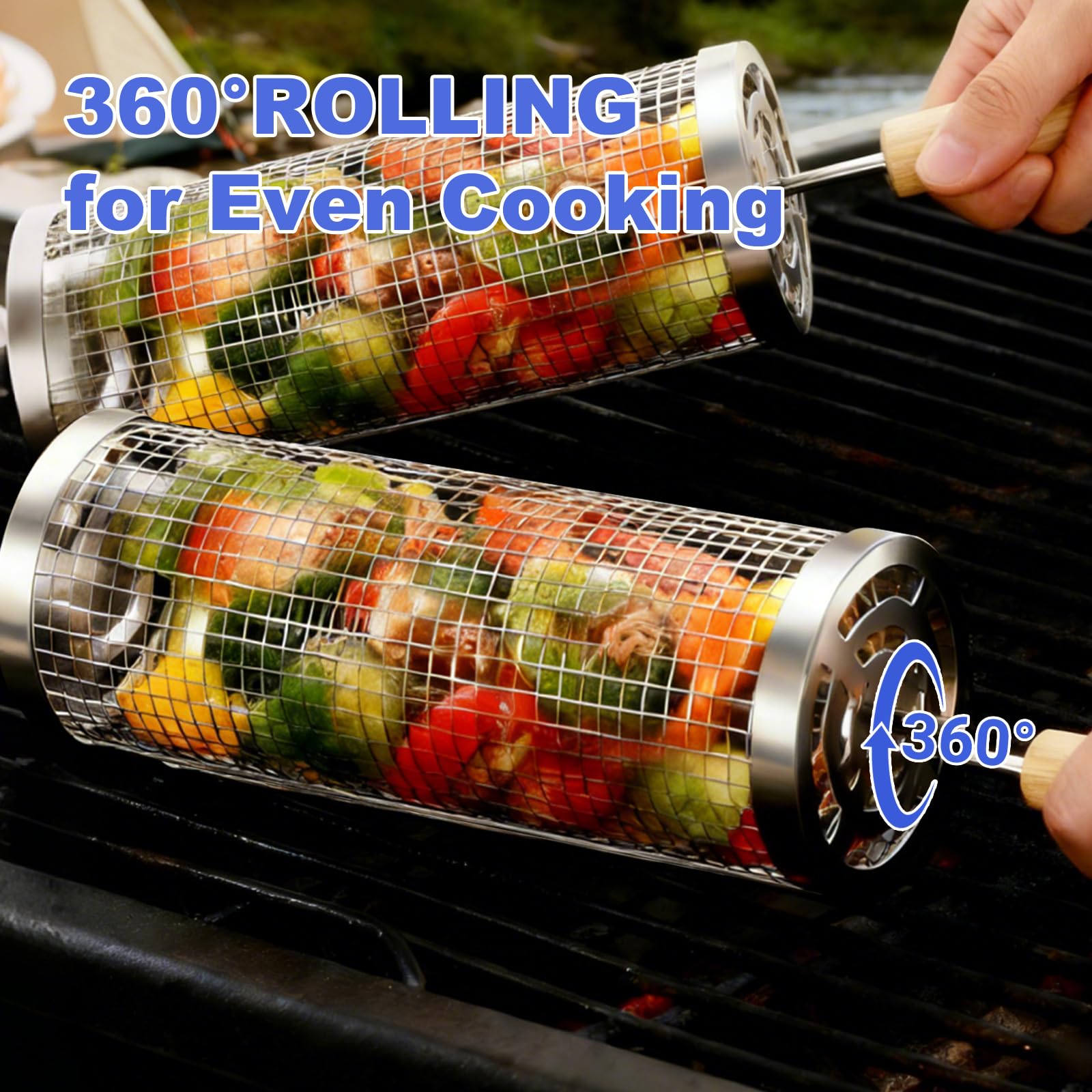 Bmavysa rolling grill basket 360° rotation enables even cooking on the grill.