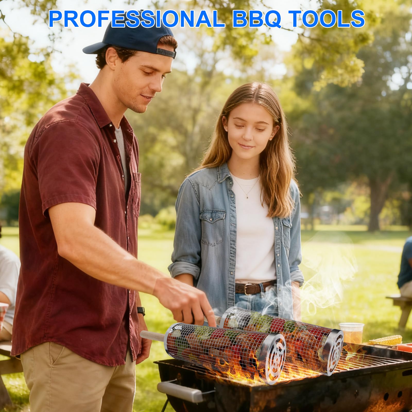 Bmavysa rolling grill basket durable build resists rust for outdoor use.
