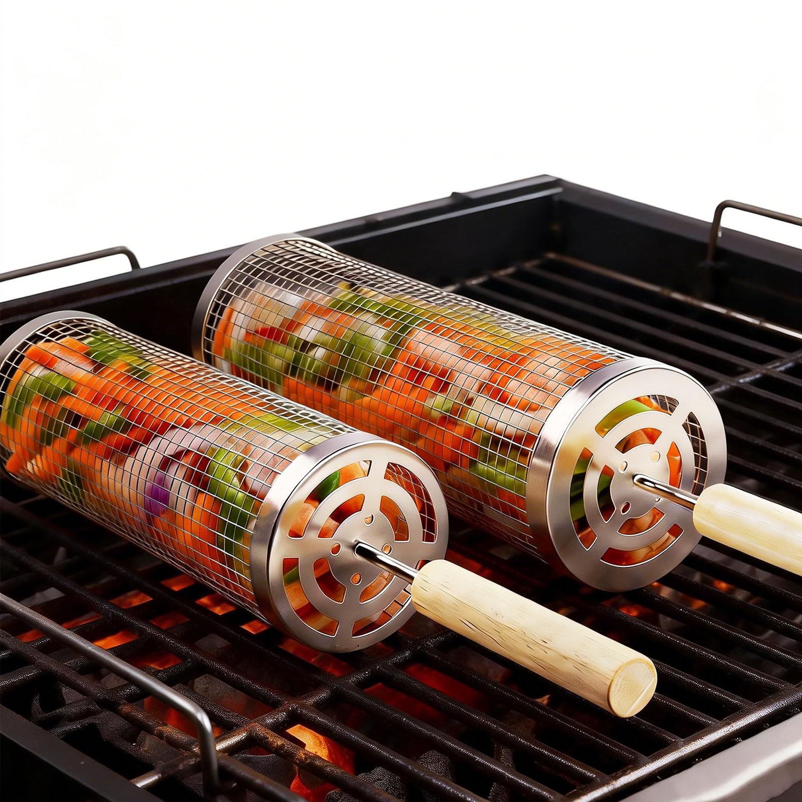 Bmavysa rolling grill basket exterior view highlights premium 304 stainless steel durability.