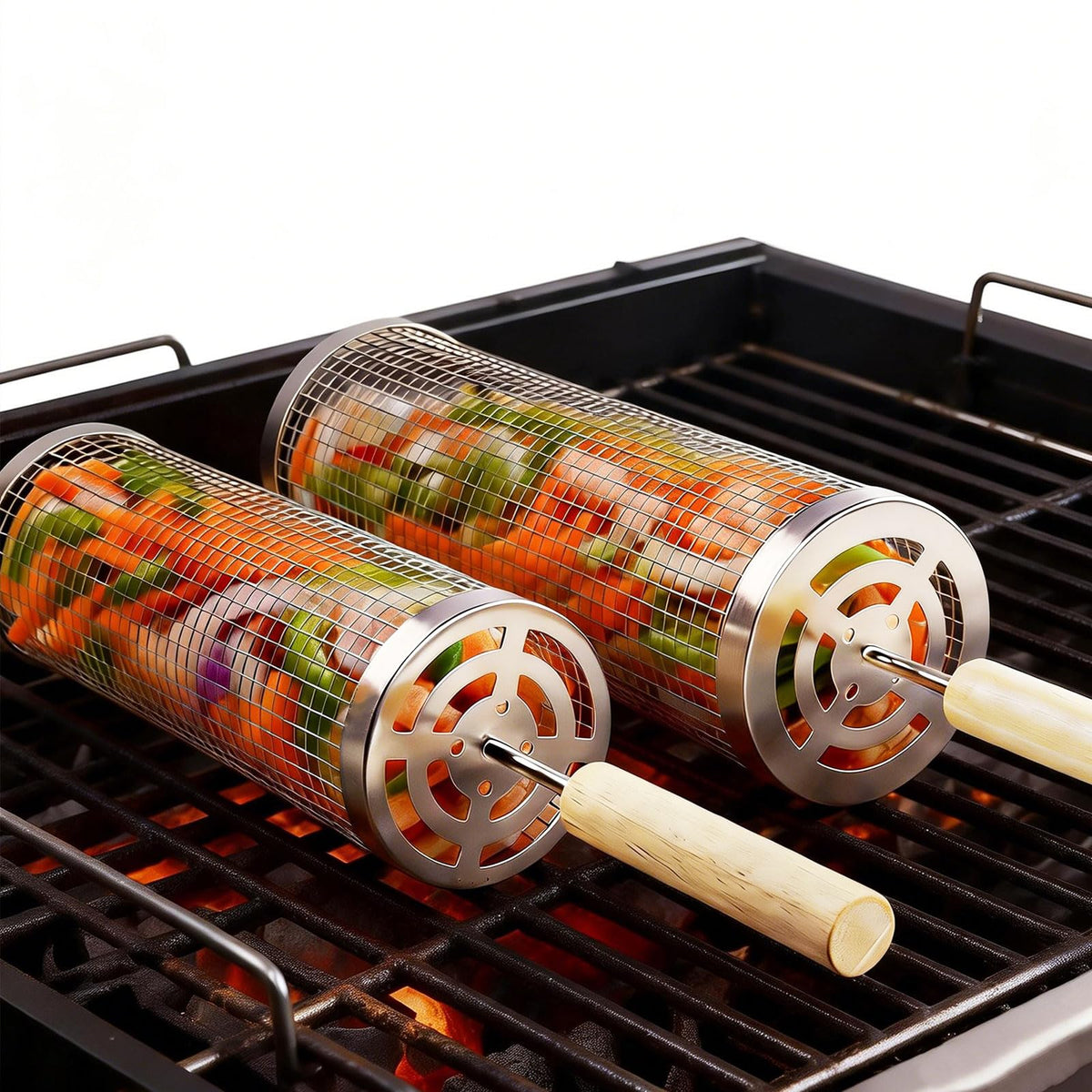 Bmavysa rolling grill basket exterior view highlights premium 304 stainless steel durability.