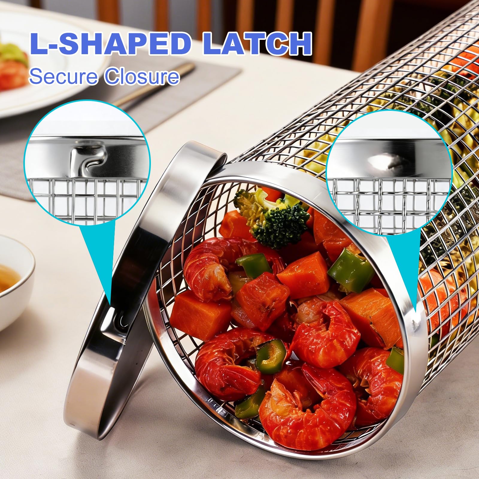 Bmavysa rolling grill basket locking mechanism keeps juices contained during rolling.