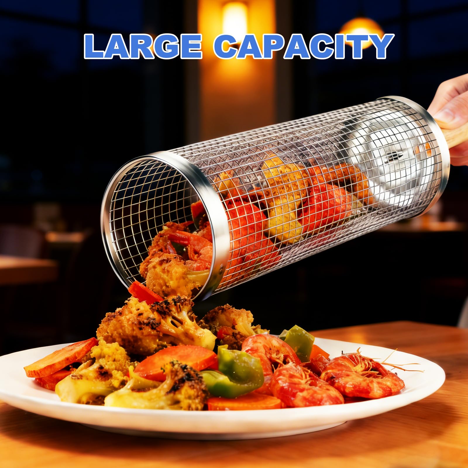 Bmavysa rolling grill basket non-stick surface simplifies cleaning after grilling.
