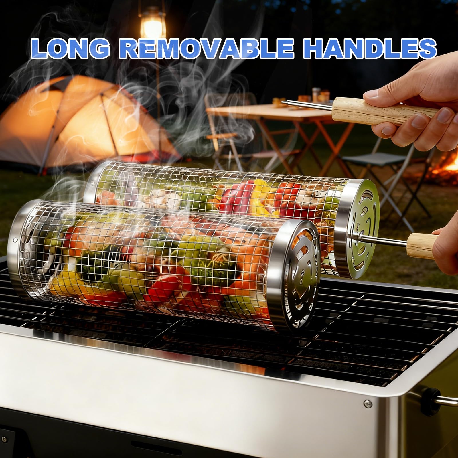 Bmavysa rolling grill basket removable wooden handles for easy transport and storage.