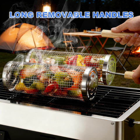 Bmavysa rolling grill basket removable wooden handles for easy transport and storage.