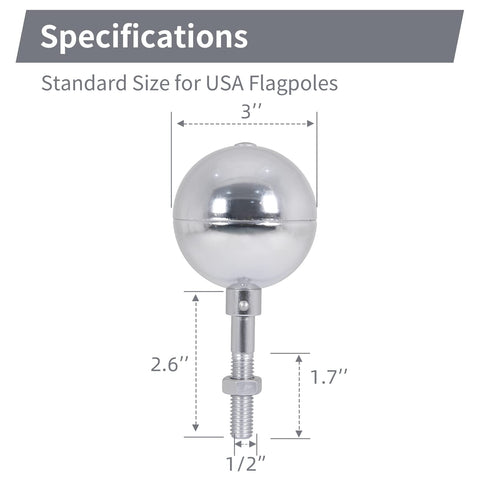 Side view of BMFTRRI ball topper showing 3-inch diameter on a pole