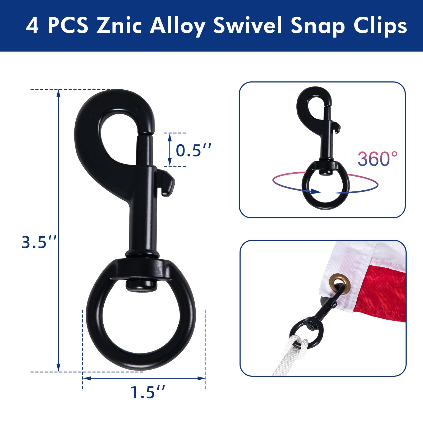 BMFTRRI 4-pack 3.5-inch flag snap hooks resist rust and tangling