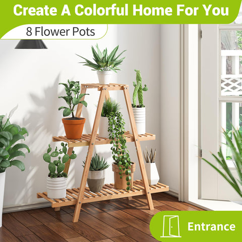 BMOSU bamboo plant stand front view highlights sturdy triangular support
