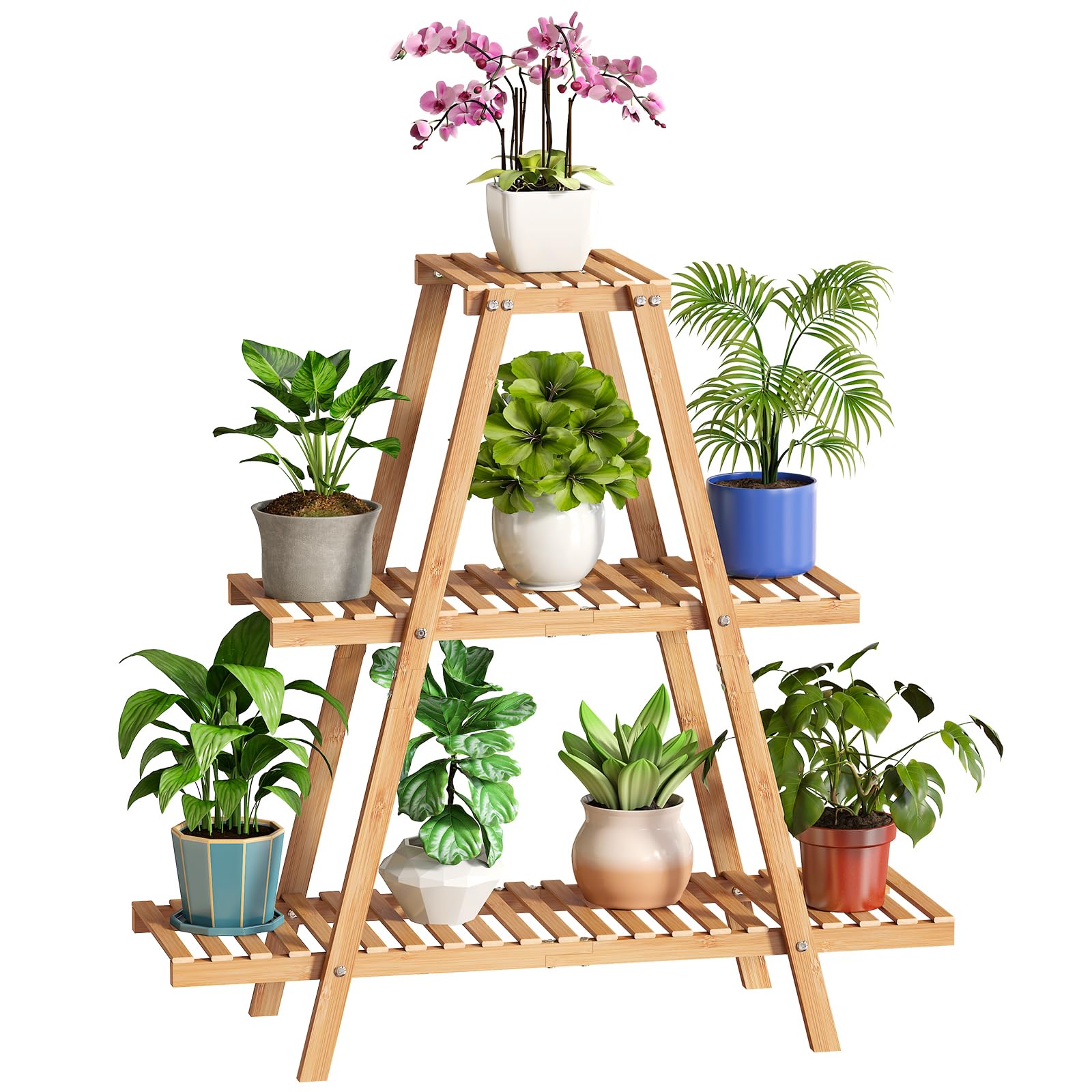 BMOSU 3-tier bamboo plant stand viewed from the side showing eight-pot capacity