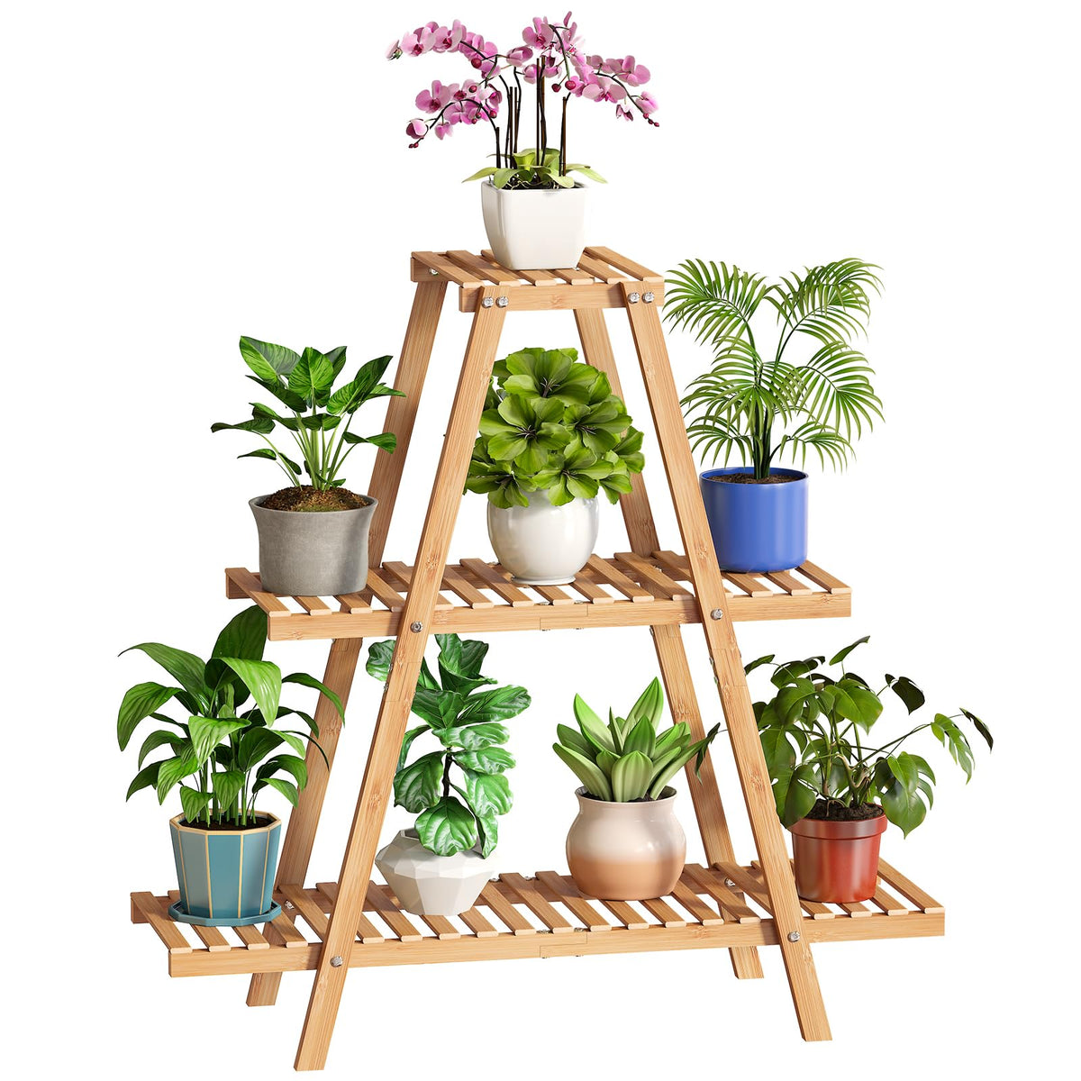 BMOSU 3-tier bamboo plant stand viewed from the side showing eight-pot capacity