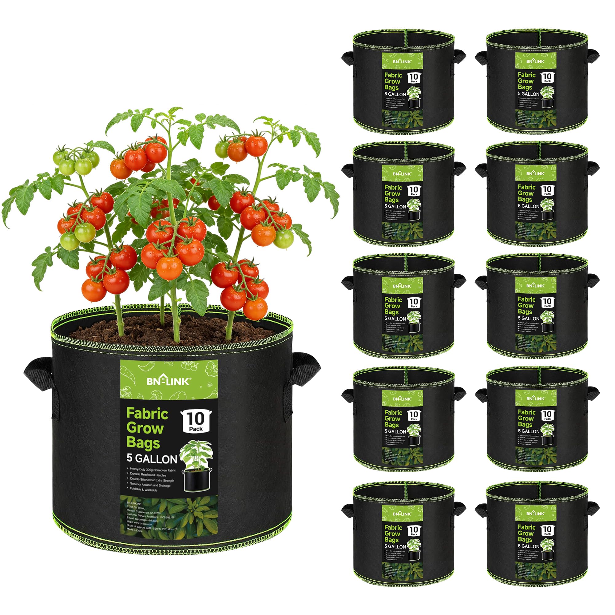 BN-LINK 10-pack 5 gallon grow bag close-up of sturdy handles for durability