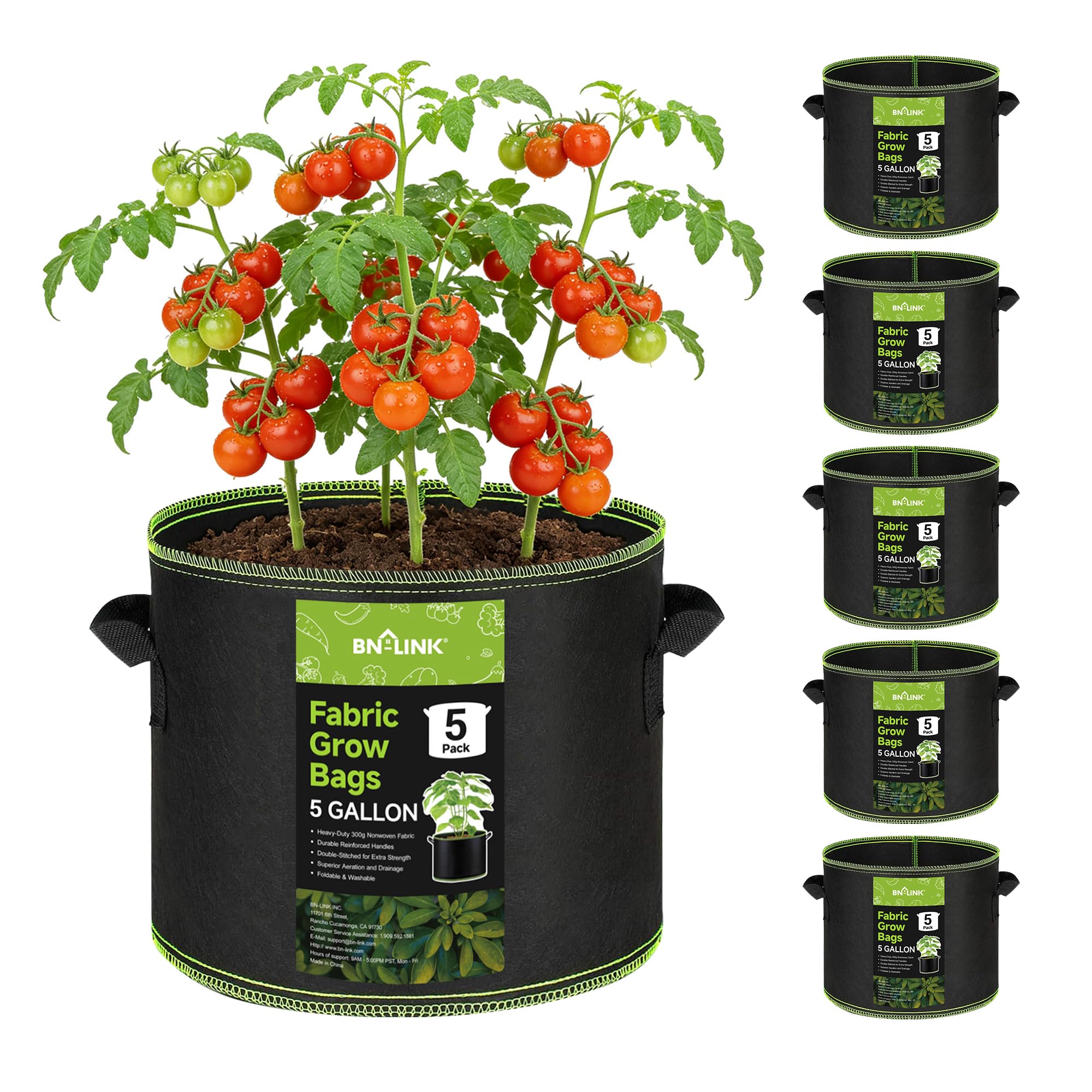BN-LINK 5-pack grow bag material close-up showing durable nonwoven fabric