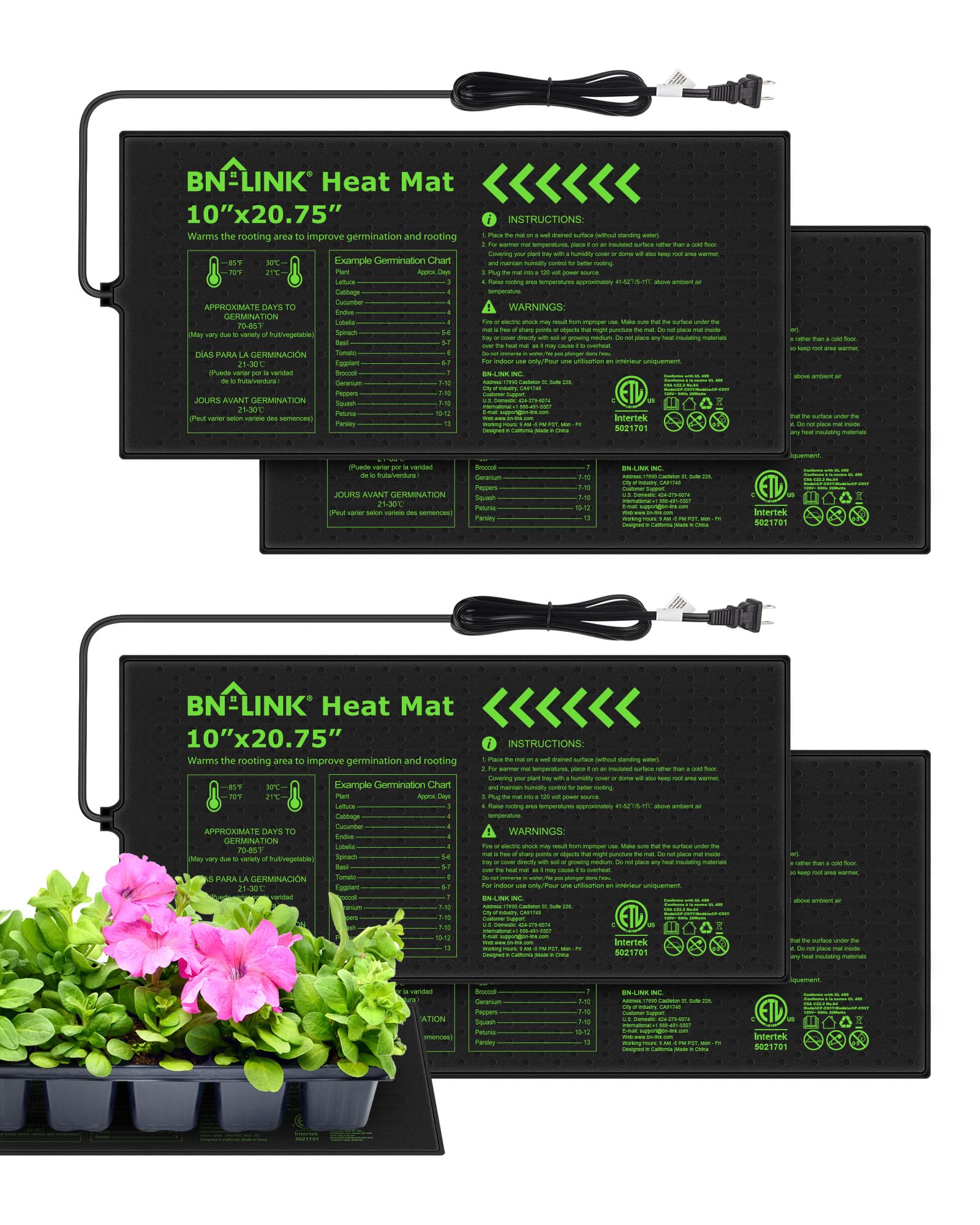 BN-LINK seedling heat mat under seedling tray for even germination warmth.