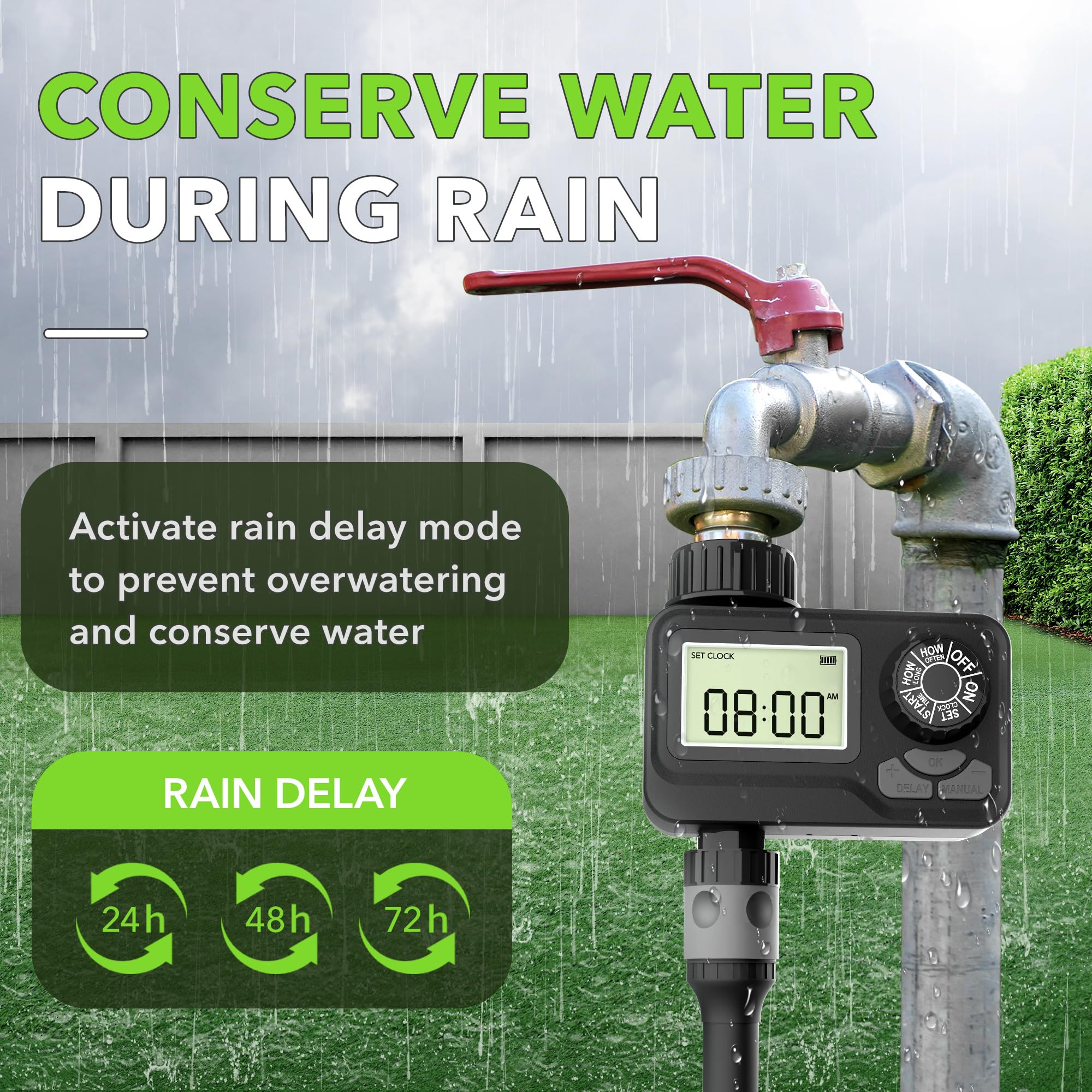 BN-LINK rain delay feature pauses irrigation and resumes automatically