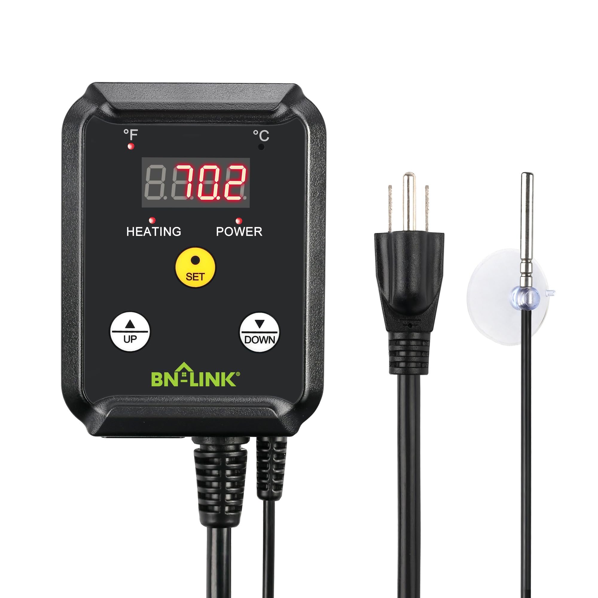 BN-LINK reptile thermostat digital display clearly shows temperature for precise control.
