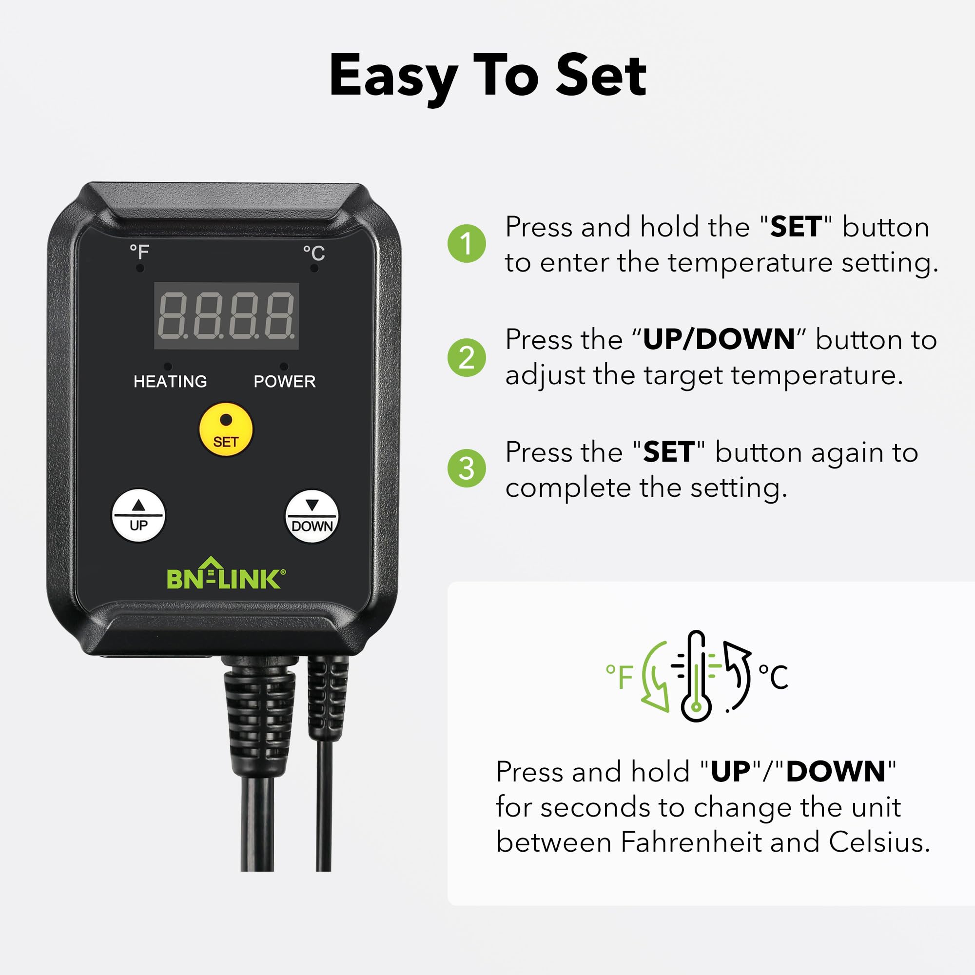 BN-LINK reptile thermostat plug-outlet ideal for terrariums and seed germination.