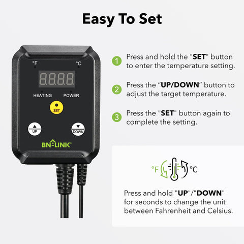 BN-LINK reptile thermostat plug-outlet ideal for terrariums and seed germination.