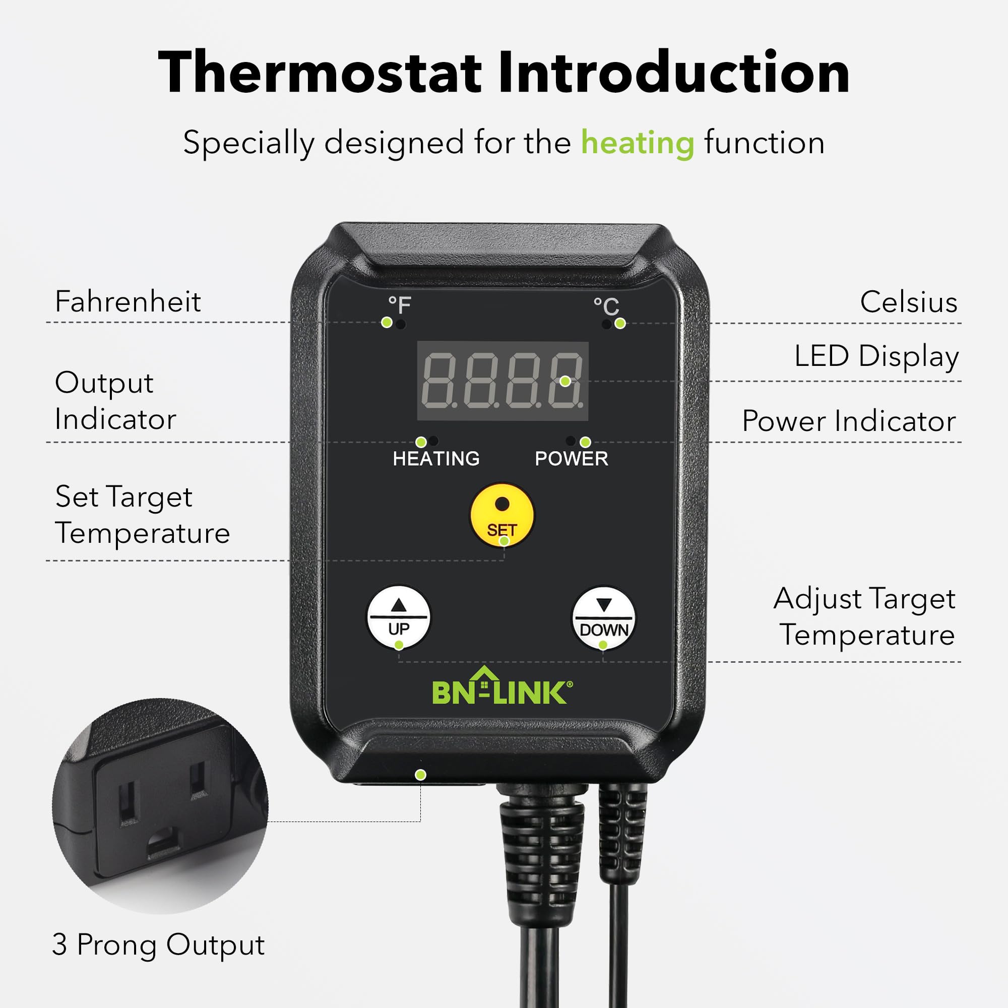 BN-LINK thermostat with sensor probe enables accurate monitoring in incubators and greenhouses.