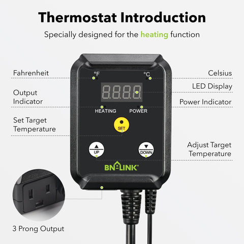 BN-LINK thermostat with sensor probe enables accurate monitoring in incubators and greenhouses.