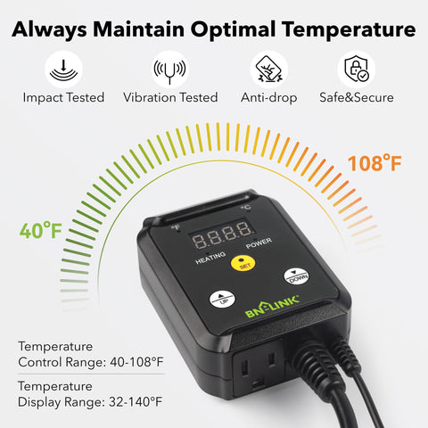 BN-LINK thermostat with three-prong power cord supports flexible, safe placement.