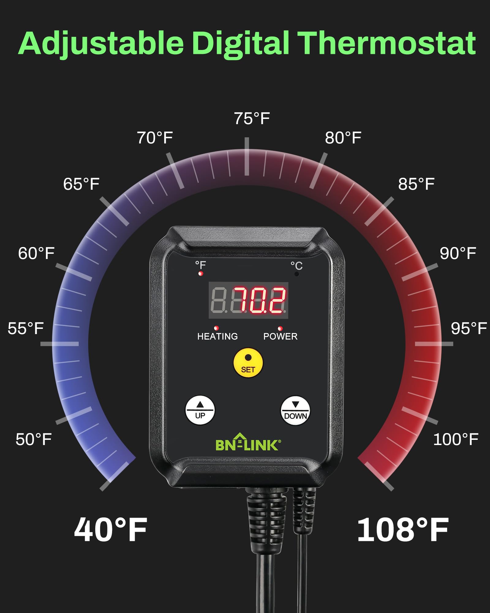 BN-LINK thermostat panel with bright LED readout for quick checks