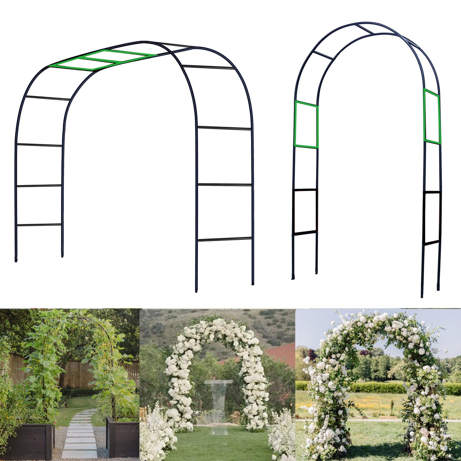 Bnecnet metal pergola arch in a lush garden with vines enhancing the outdoor entry.