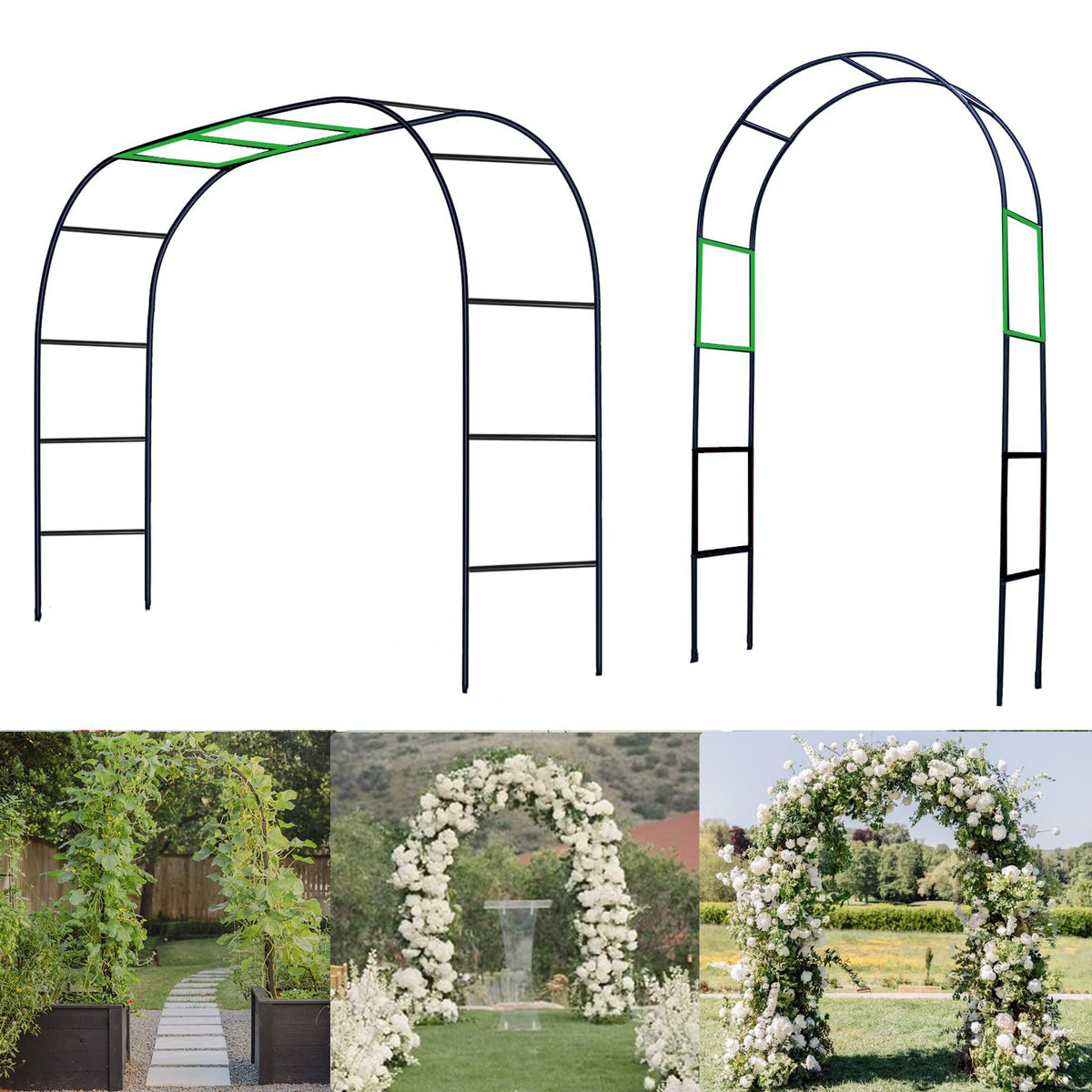 Bnecnet metal pergola arch in a lush garden with vines enhancing the outdoor entry.