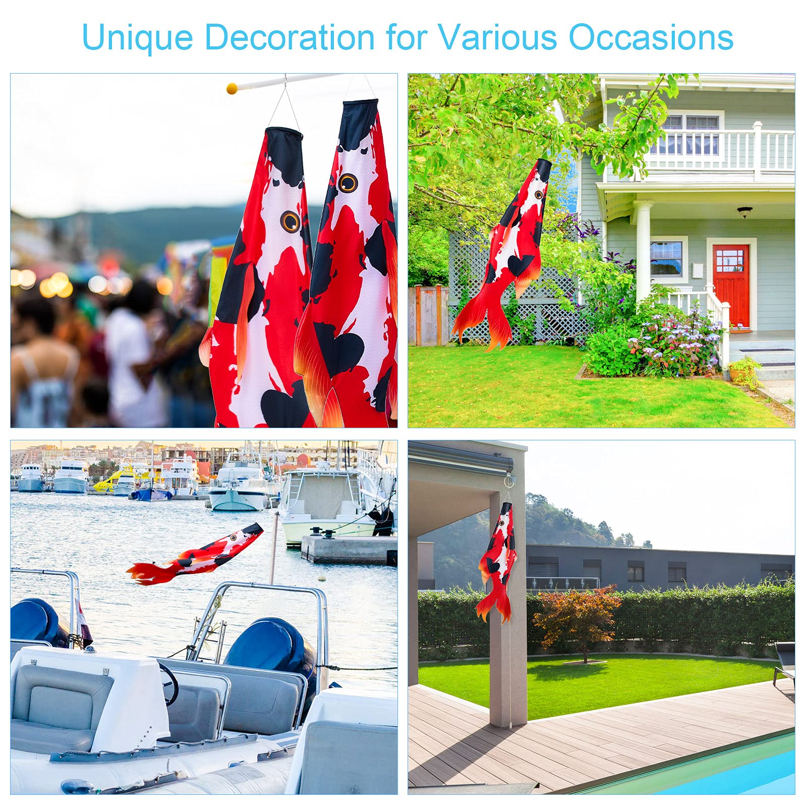 Boao vivid red fish windsock sways, attracting attention in outdoor spaces.
