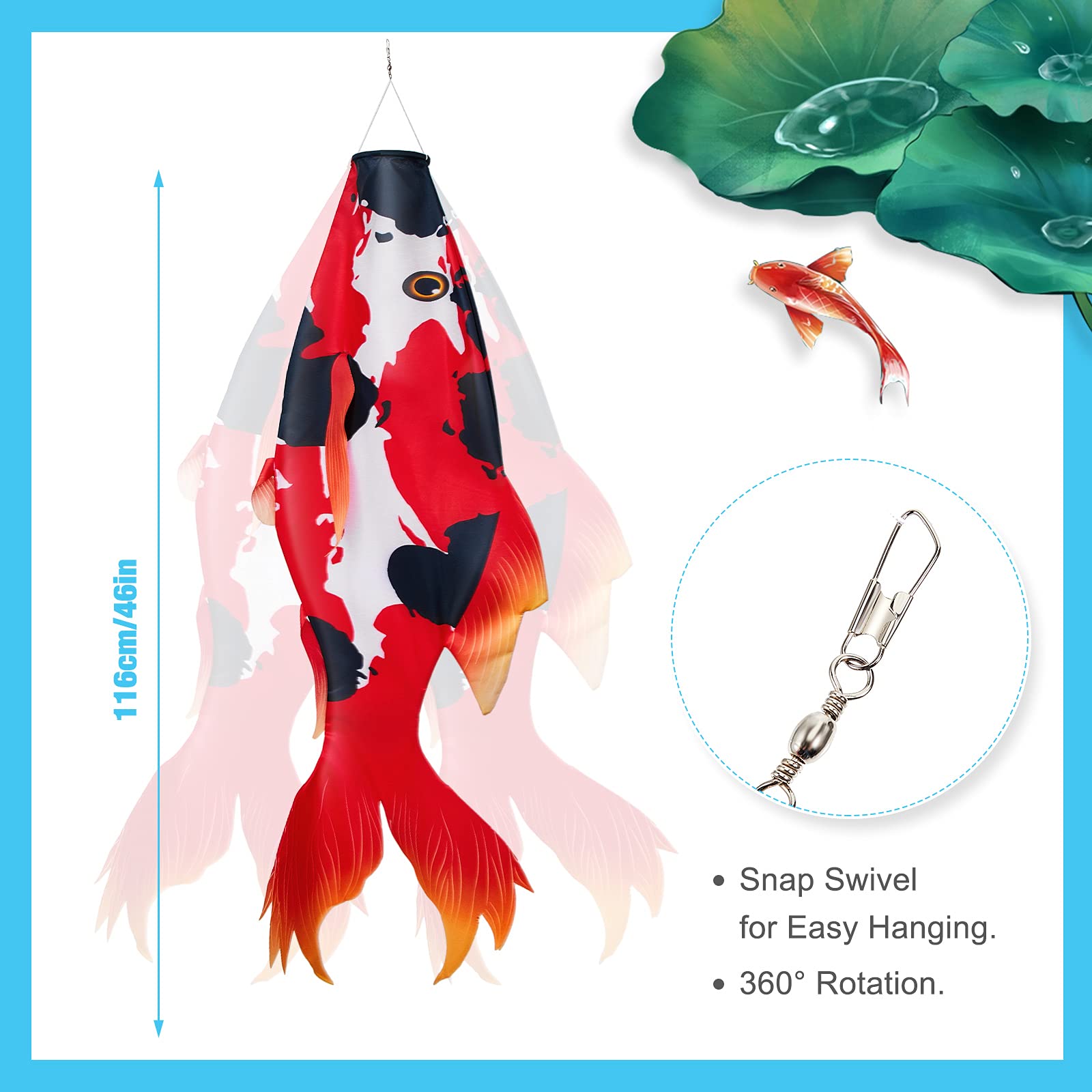 Boao red koi windsock boosts outdoor charm and festival vibes in yards and patios.