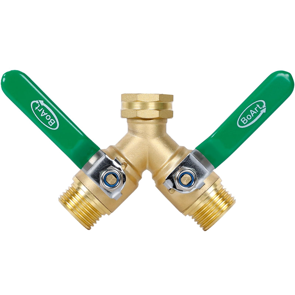 BoArt brass garden hose splitter with big ball valve for easy water control.
