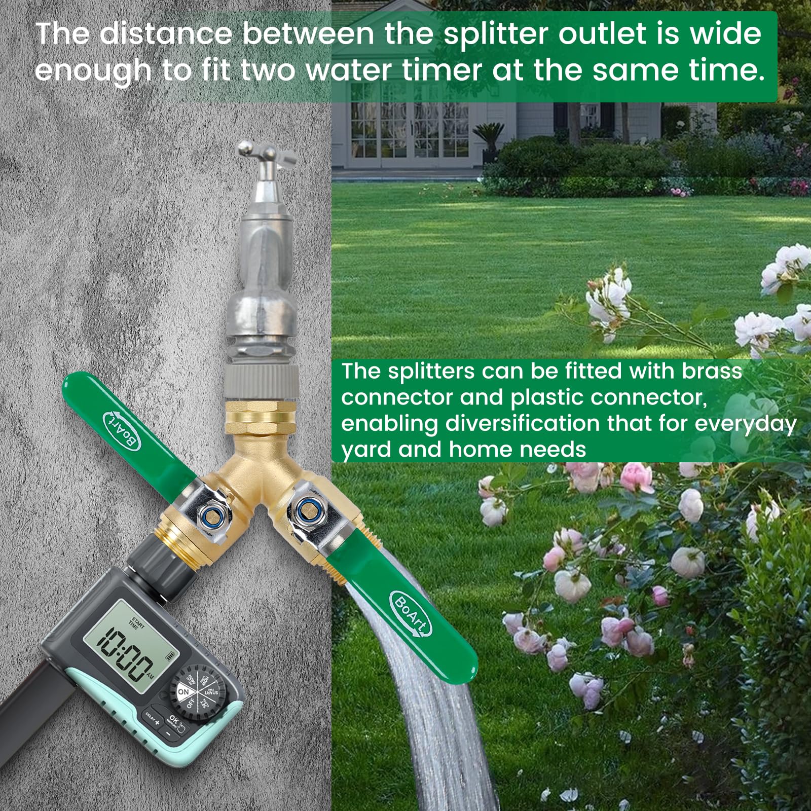 Ideal for two-hose tasks like sprinklers and drip irrigation.