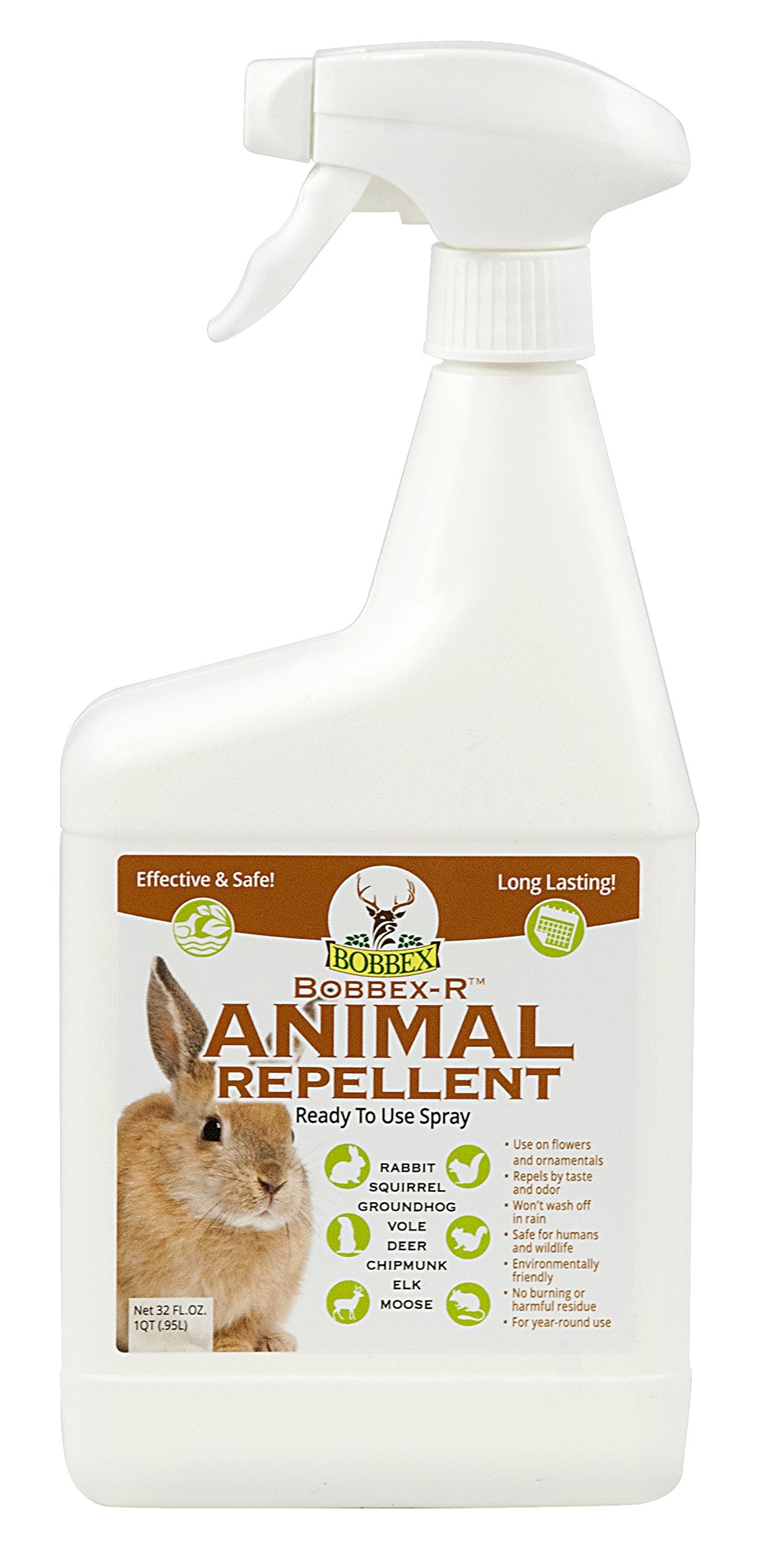 Bobbex animal repellent spray bottle deterring rabbits and squirrels in outdoor gardens.