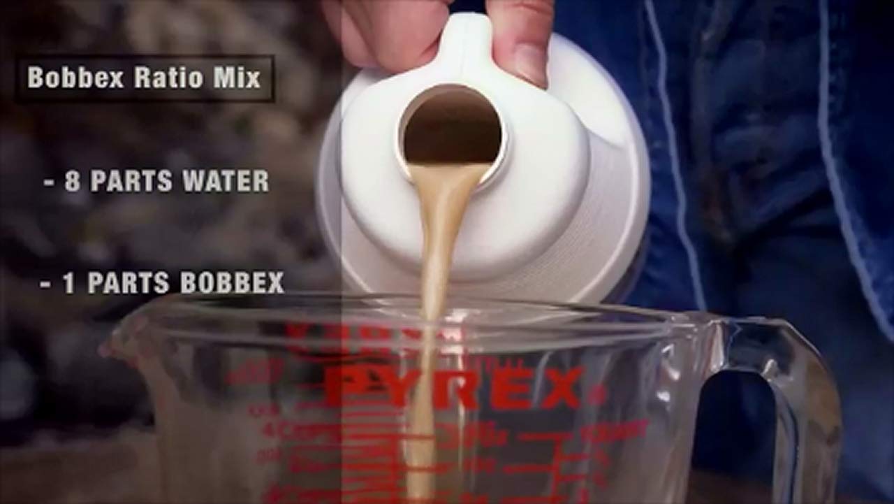 Bobbex deer repellent mixing directions image illustrating water dilution before application.
